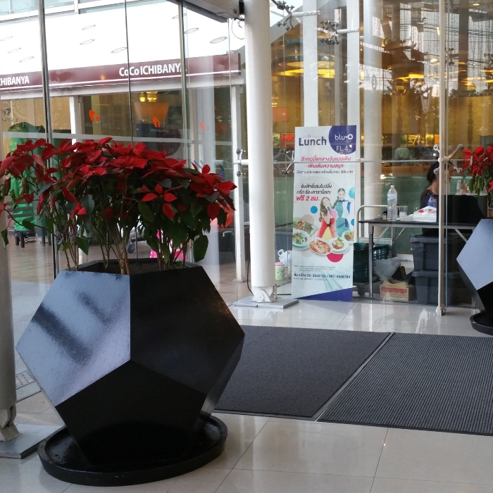 กระถางปูนหินขัด ทรงผลึกห้าเหลี่ยม หินขัดดำเม็ดดำ ที่ Esplanade รัชดา